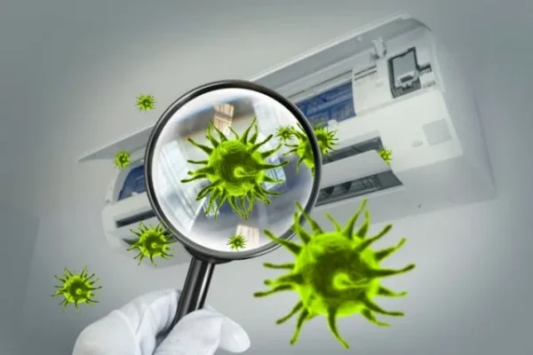 3D simulation of viruses inside the air conditioner by showing through a magnifying glass Expanded simulation of coronal viruses in the air